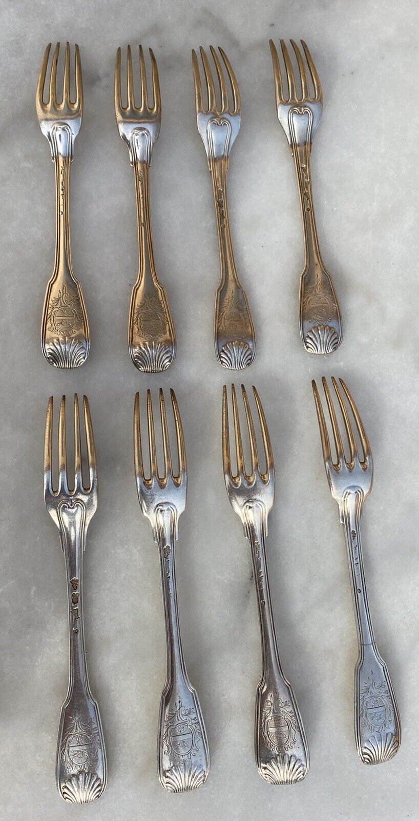 Lot de 8 Fourchettes Coquille Blason Abeille anciens Argent Fermier