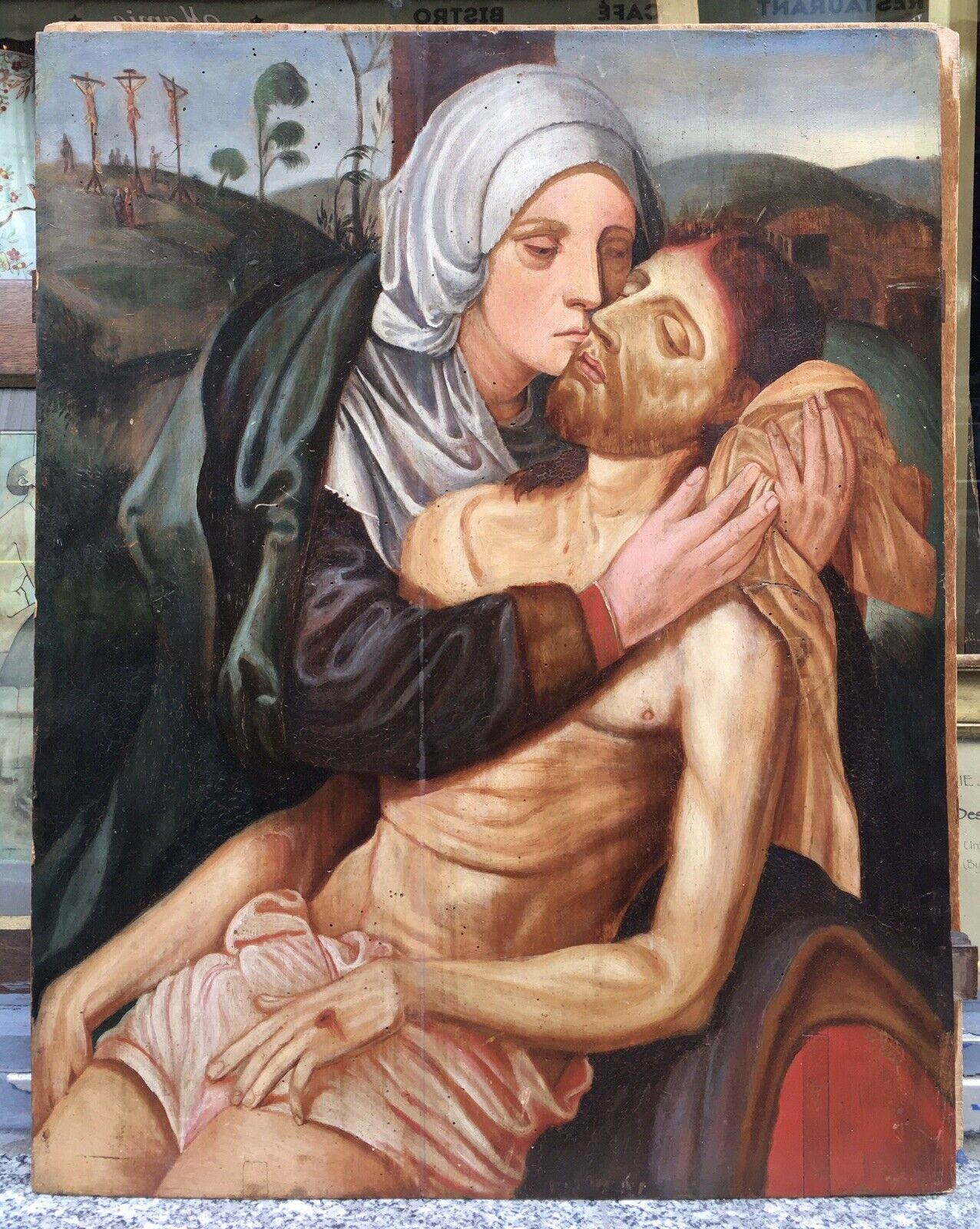 Tableau Primitif Ancien Renaissance Huile Religieux Déposition Christ Vierge