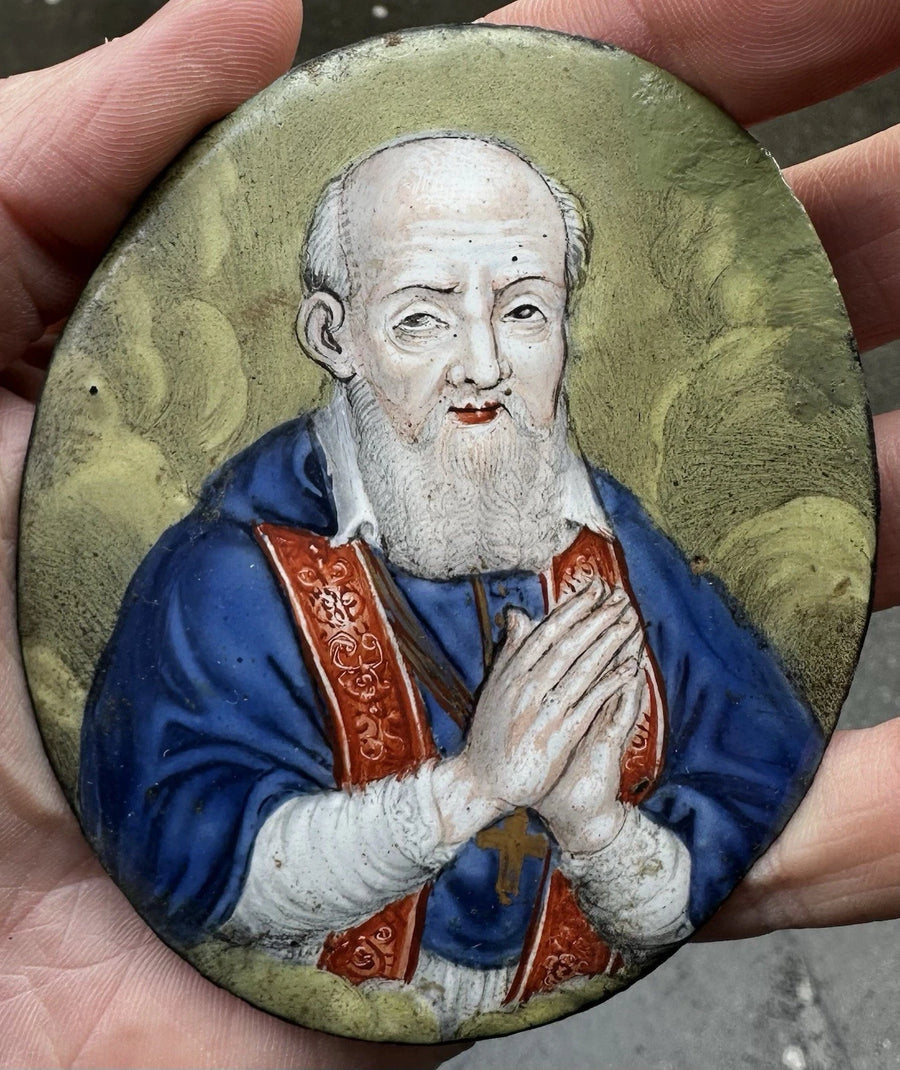 Ancien Émail de Limoges Portrait Saint Homme Religieux 17ème