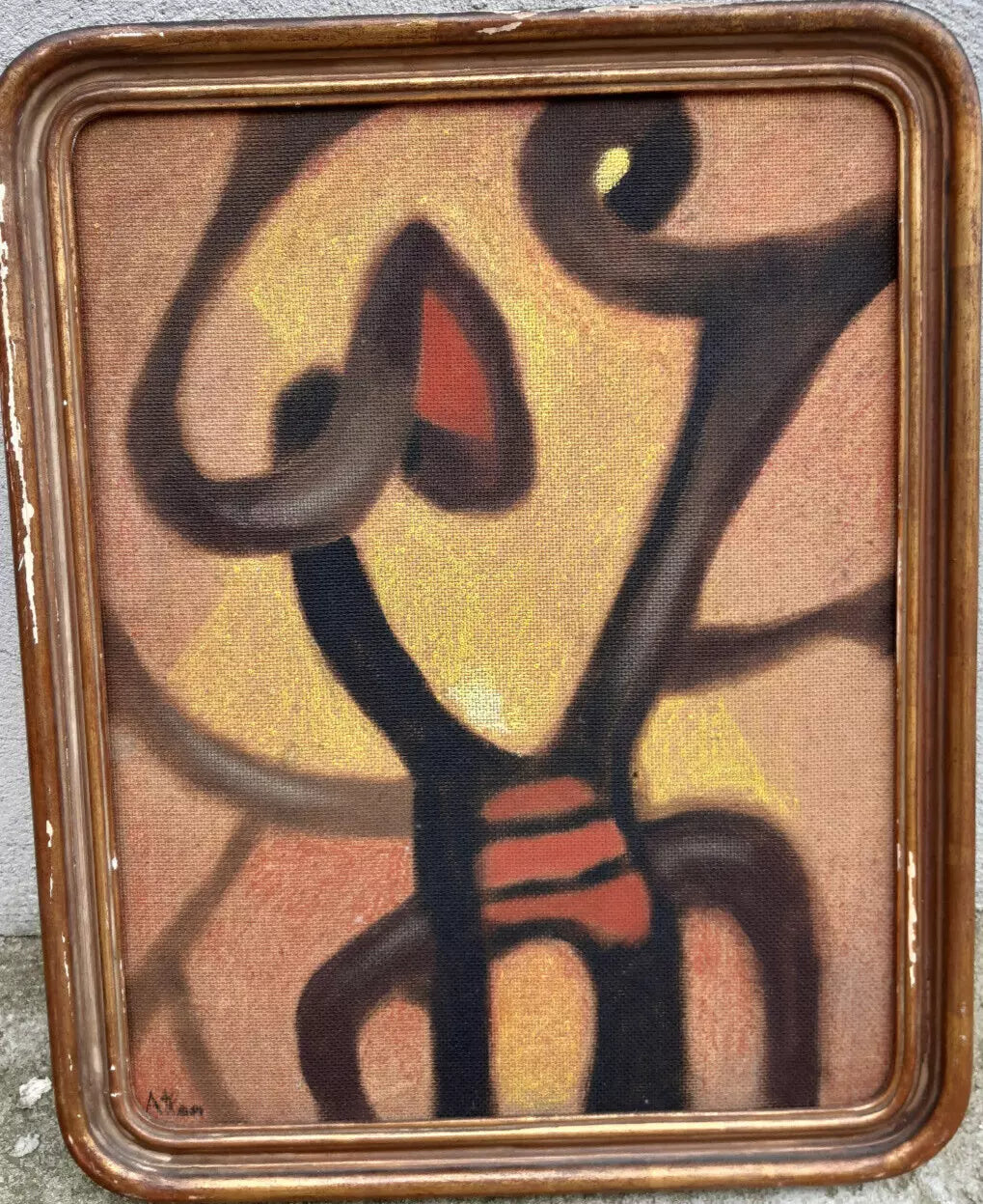 Ancien Petit Tableau Abstrait Signé Huile Sur Isorel