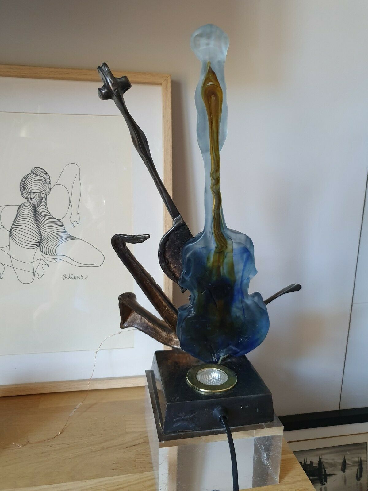 Sculpture Lampe En Bronze Et Verre De Yves Lohé