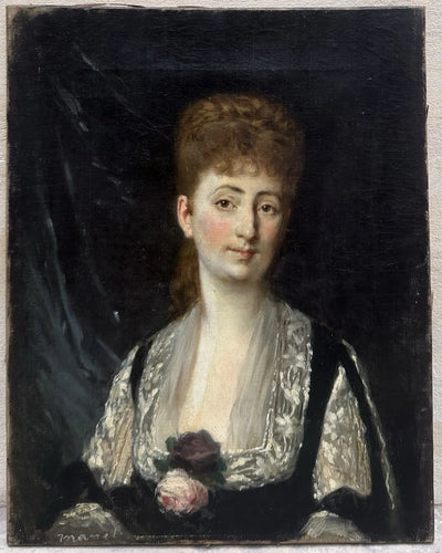 Tableau Ancien Signé « MANET » Portrait Femme Fleur Rose Édouard Peinture 19ème