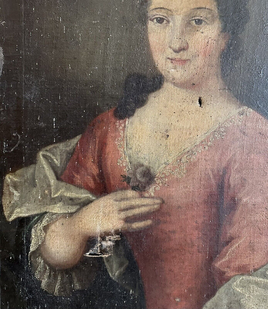 Tableau Ancien 18ème Portrait de Femme à la Fleur Tenue Dentelle Peinture Signée