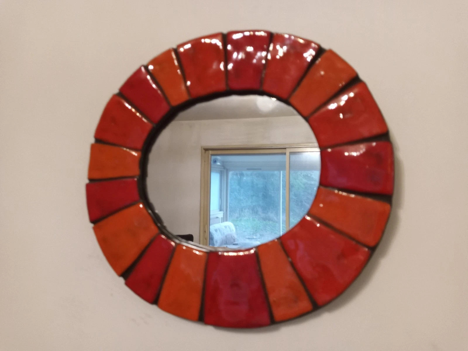 Ancien Miroir Vintage Céramique Orange et Rouge