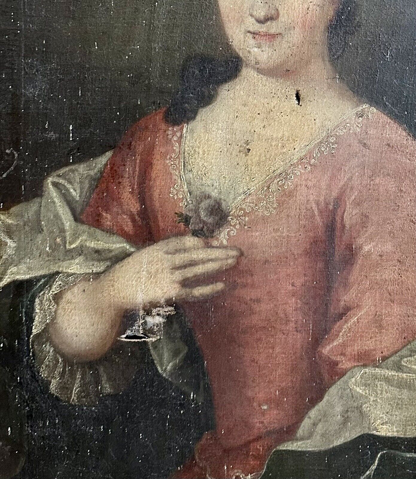 Tableau Ancien 18ème Portrait de Femme à la Fleur Tenue Dentelle Peinture Signée