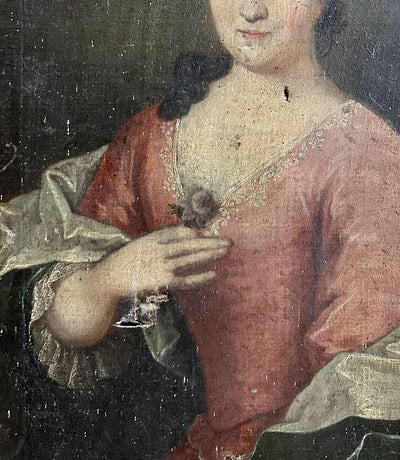 Tableau Ancien 18ème Portrait de Femme à la Fleur Tenue Dentelle Peinture Signée