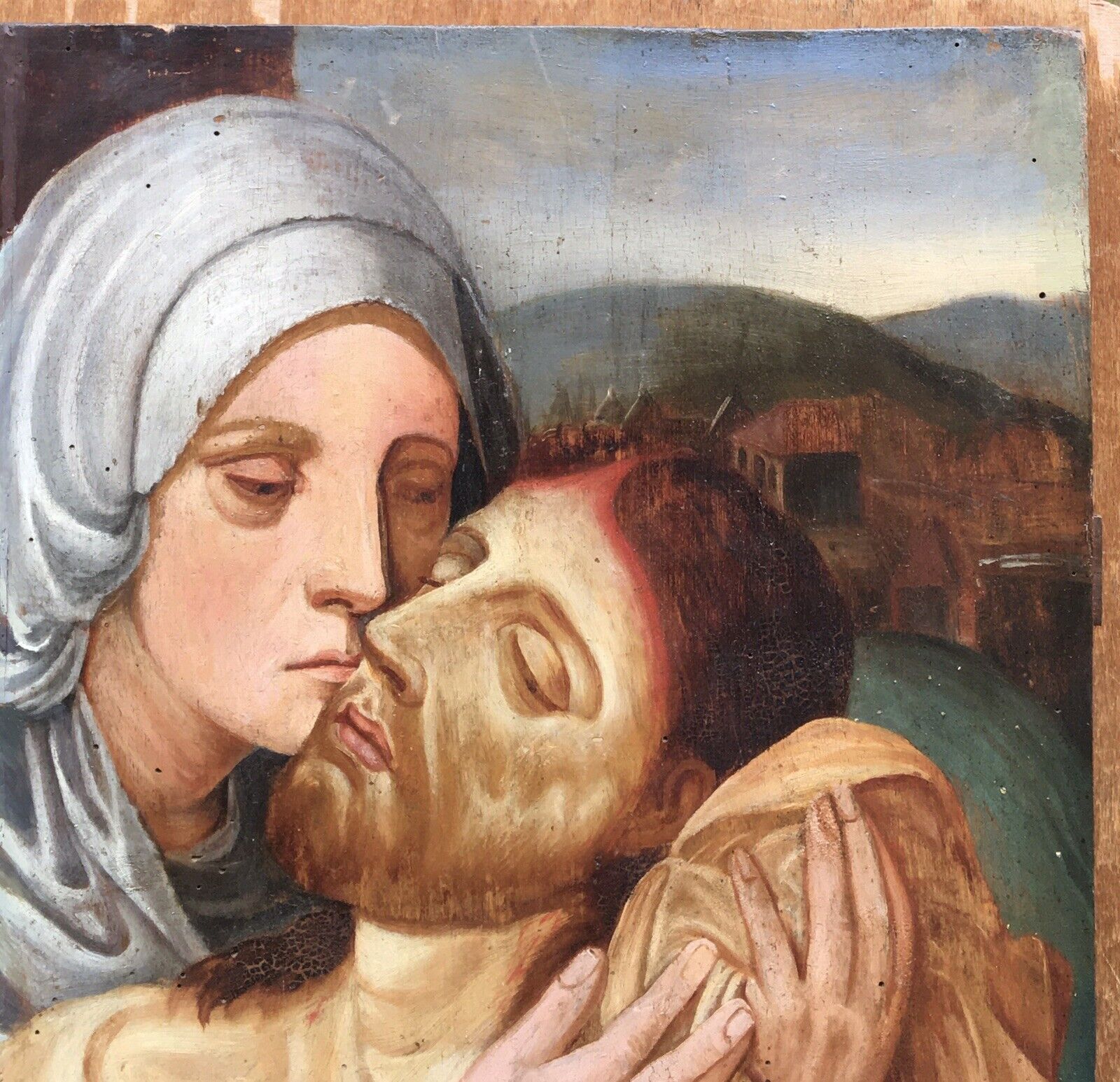 Tableau Primitif Ancien Renaissance Huile Religieux Déposition Christ Vierge