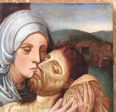 Tableau Primitif Ancien Renaissance Huile Religieux Déposition Christ Vierge