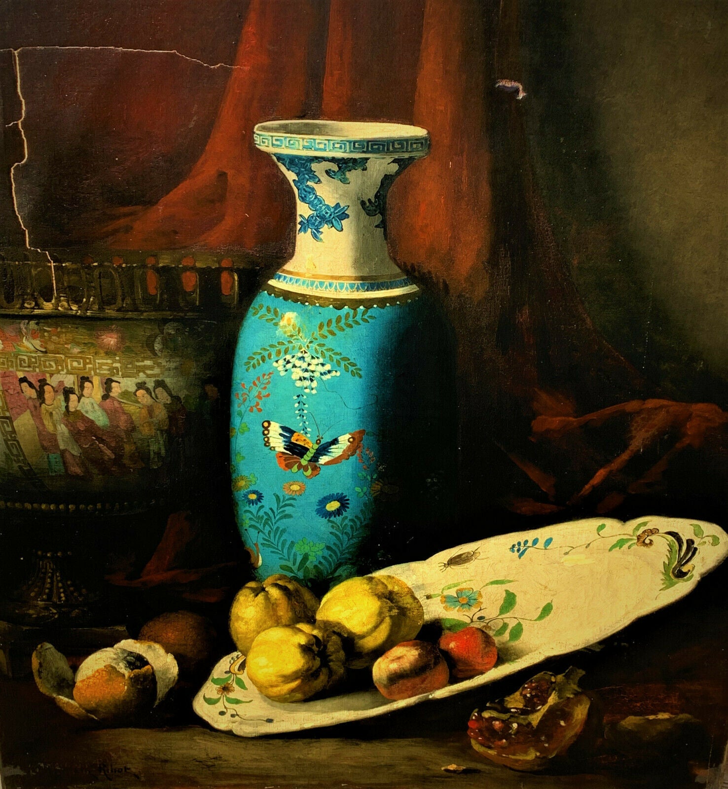 Ancien Grand Tableau Nature Morte Aux Chinoiseries