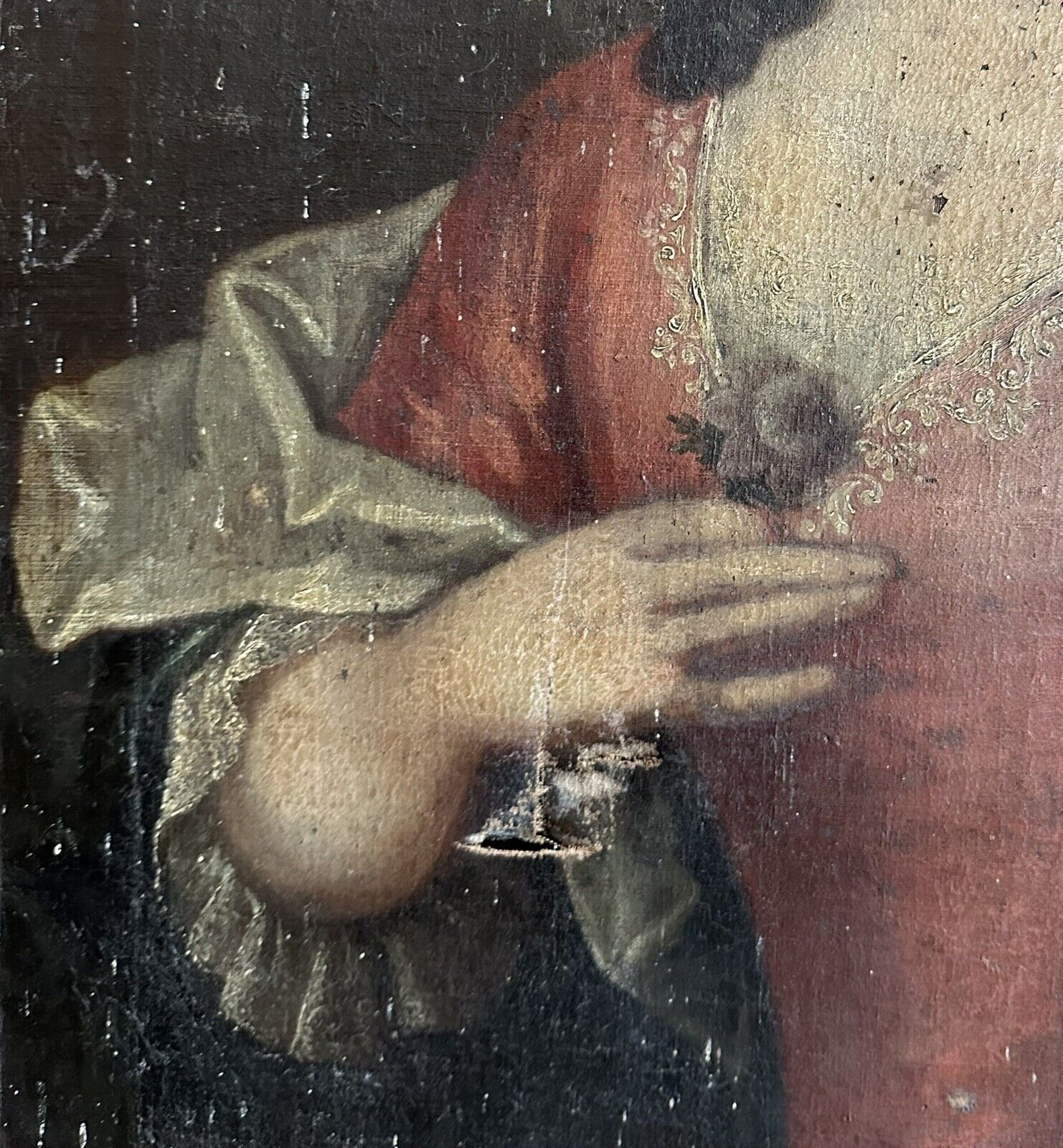Tableau Ancien 18ème Portrait de Femme à la Fleur Tenue Dentelle Peinture Signée