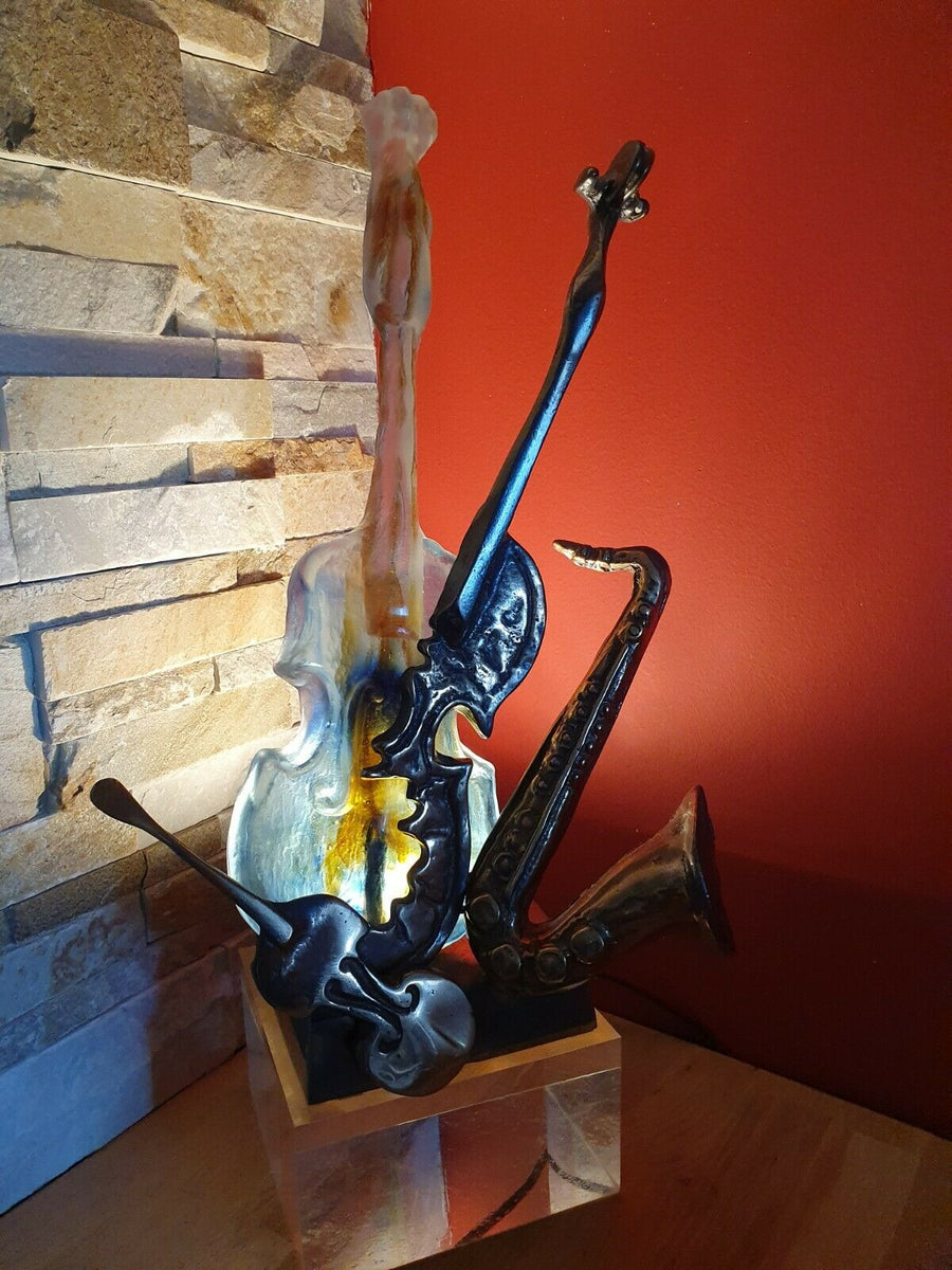Sculpture Lampe En Bronze Et Verre De Yves Lohé