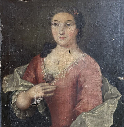 Tableau Ancien 18ème Portrait de Femme à la Fleur Tenue Dentelle Peinture Signée