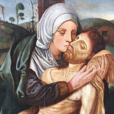 Tableau Primitif Ancien Renaissance Huile Religieux Déposition Christ Vierge