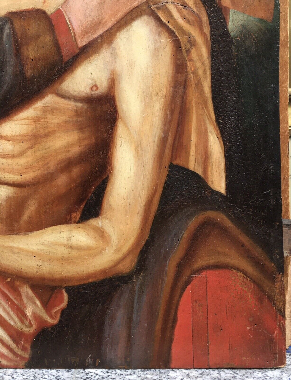 Tableau Primitif Ancien Renaissance Huile Religieux Déposition Christ Vierge