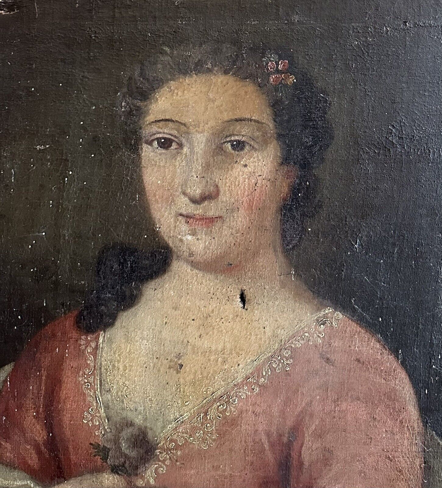 Tableau Ancien 18ème Portrait de Femme à la Fleur Tenue Dentelle Peinture Signée