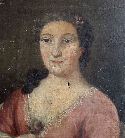 Tableau Ancien 18ème Portrait de Femme à la Fleur Tenue Dentelle Peinture Signée