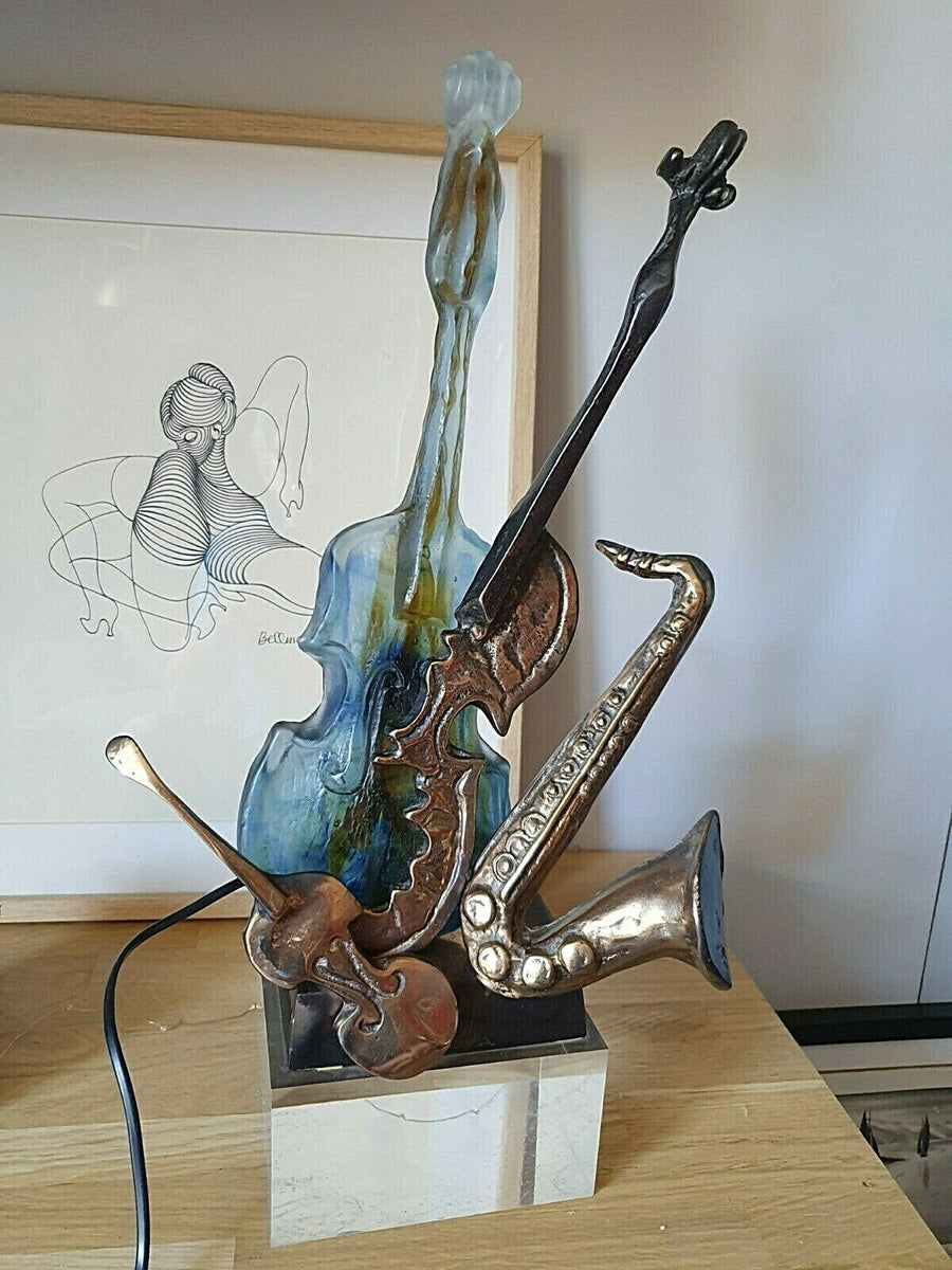 Sculpture Lampe En Bronze Et Verre De Yves Lohé