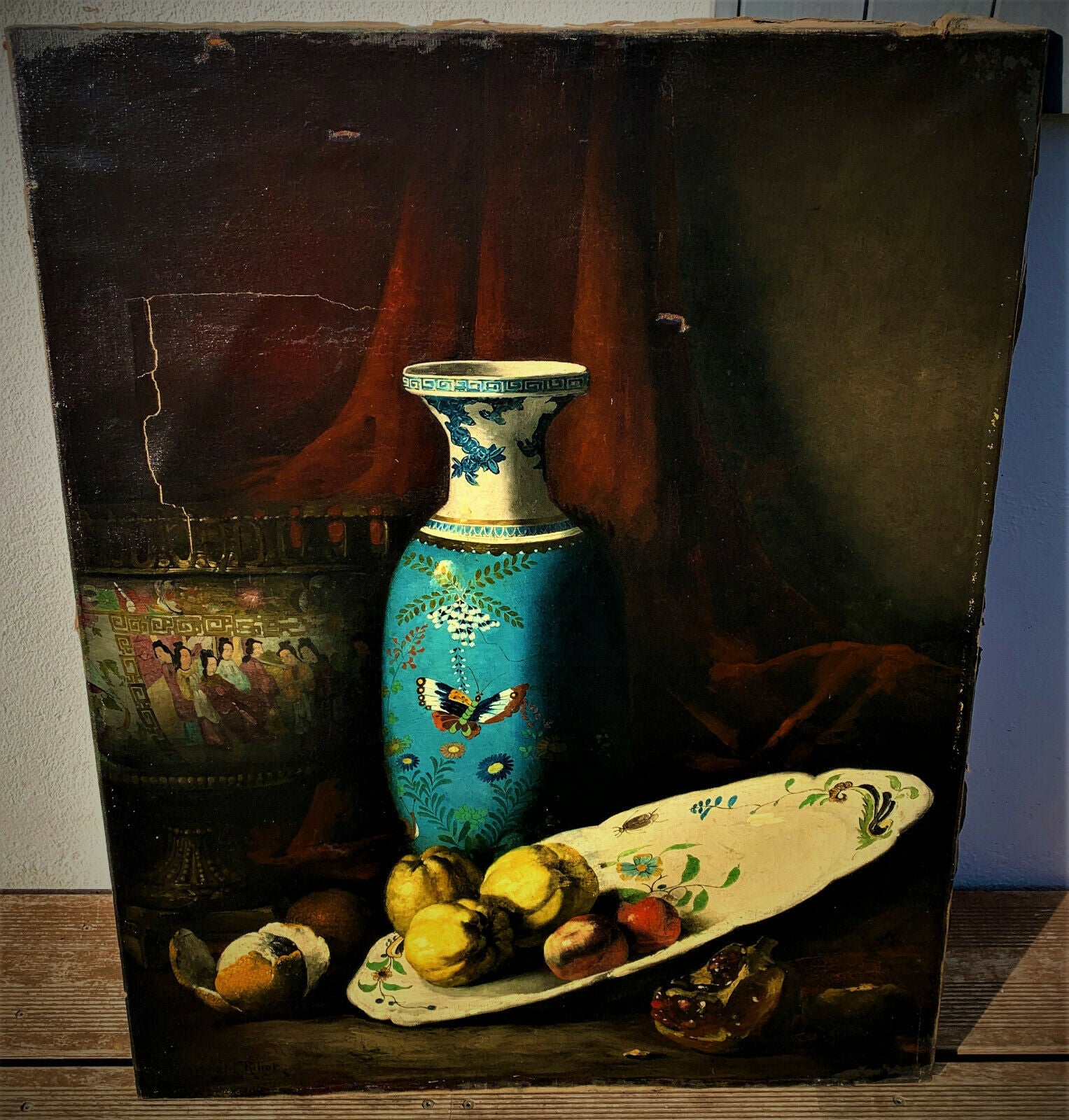Ancien Grand Tableau Nature Morte Aux Chinoiseries
