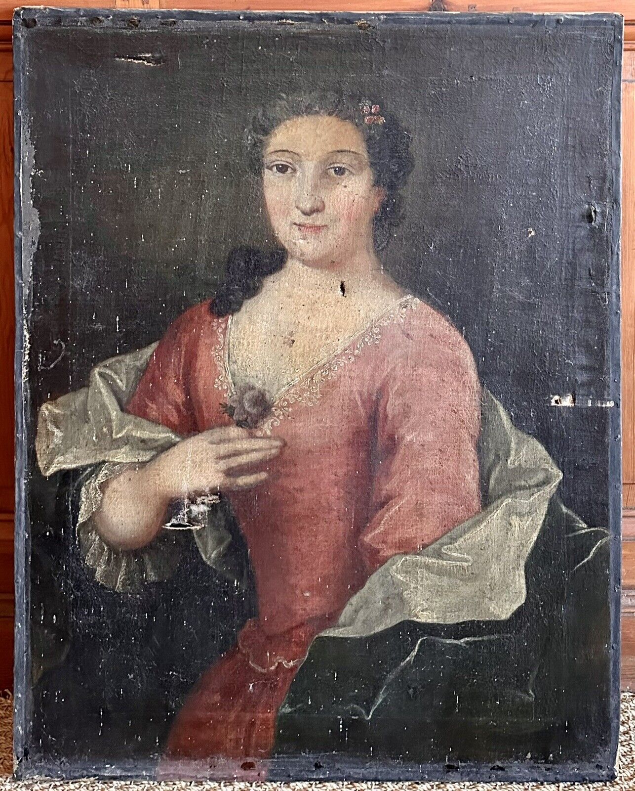 Tableau Ancien 18ème Portrait de Femme à la Fleur Tenue Dentelle Peinture Signée
