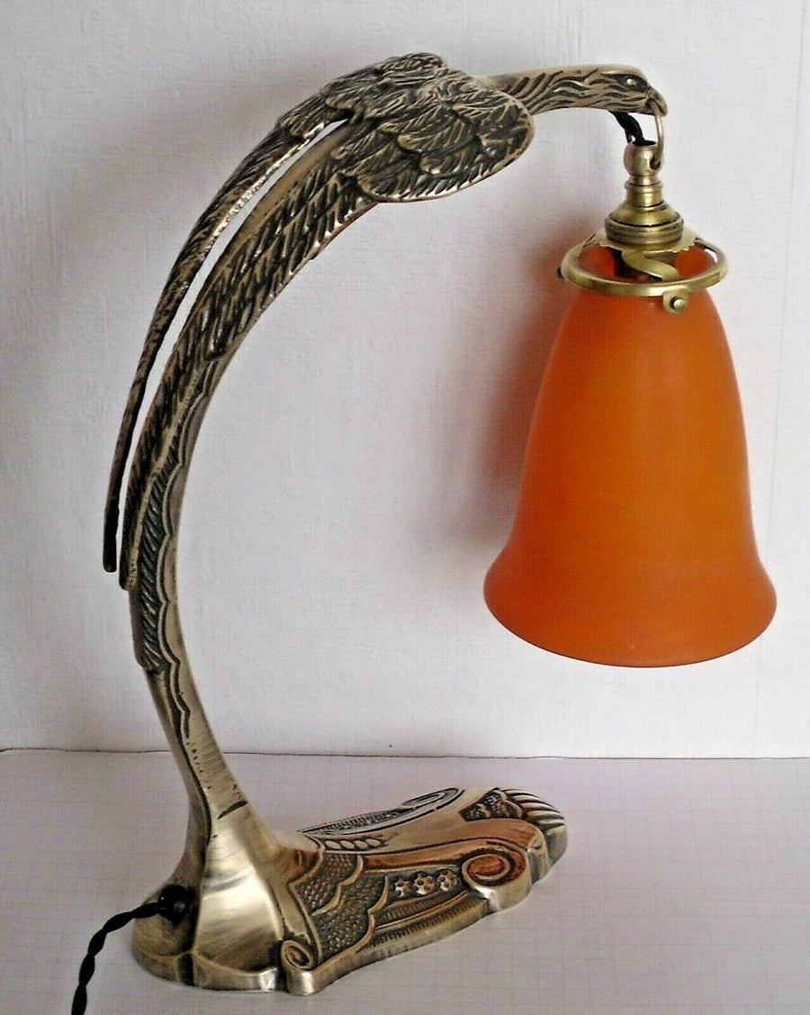 Lampe De Table Art Deco Nouveau Bronze Aigle Tulipe Pâte De Verre
