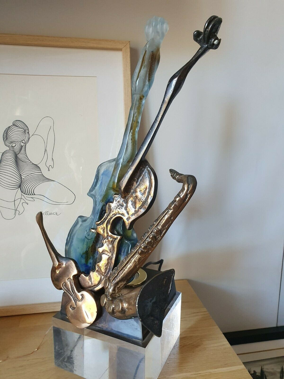 Sculpture Lampe En Bronze Et Verre De Yves Lohé
