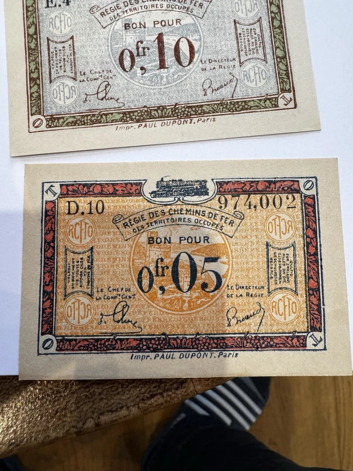 Lot Billets Bon Pour Régie Des Chemin De Fer Des Territoires Occupés Ancien