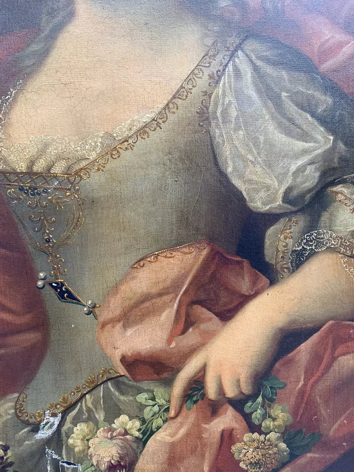 Grand Tableau Ancien Huile Portrait Femme Élégante Fleurs XVIIIe