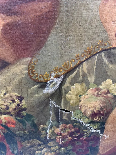 Grand Tableau Ancien Huile Portrait Femme Élégante Fleurs XVIIIe