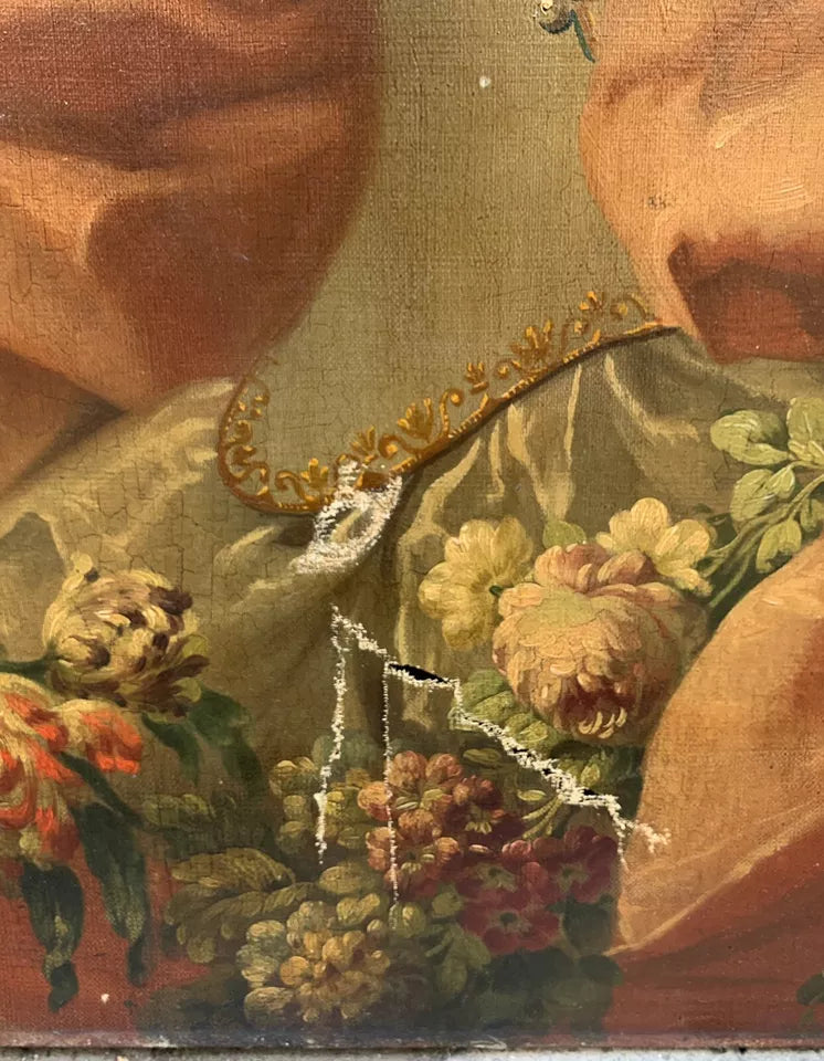 Grand Tableau Ancien Huile Portrait Femme Élégante Fleurs XVIIIe