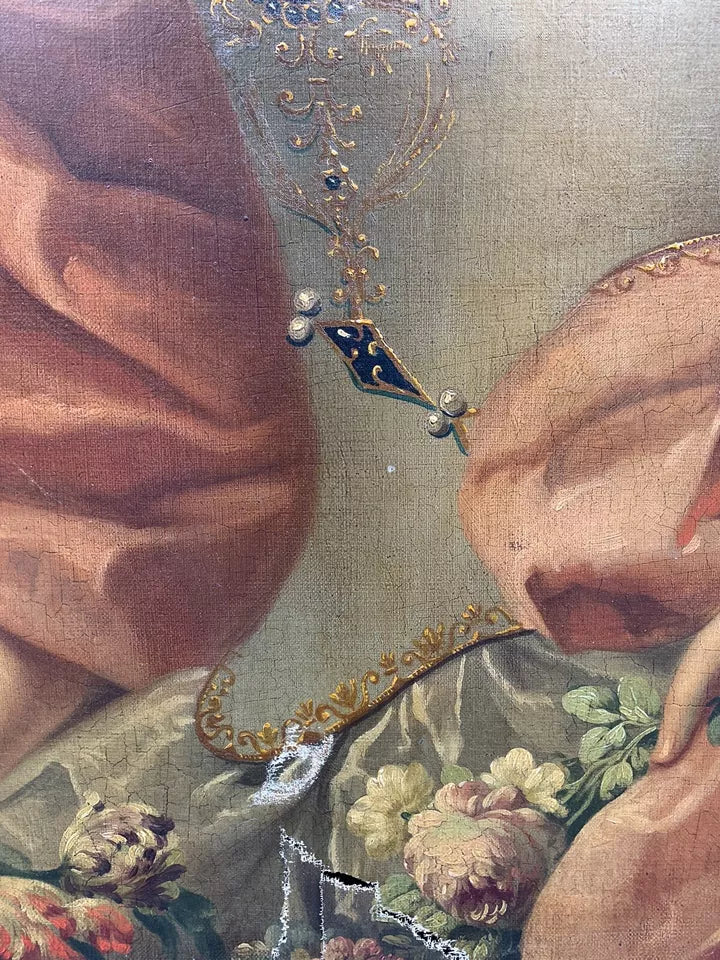 Grand Tableau Ancien Huile Portrait Femme Élégante Fleurs XVIIIe