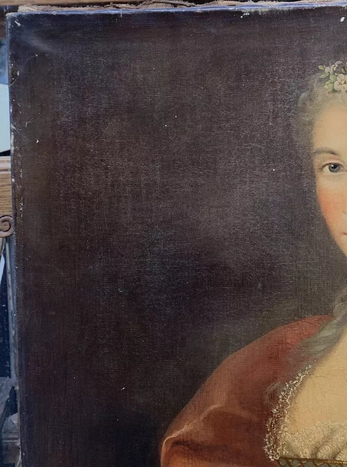 Grand Tableau Ancien Huile Portrait Femme Élégante Fleurs XVIIIe