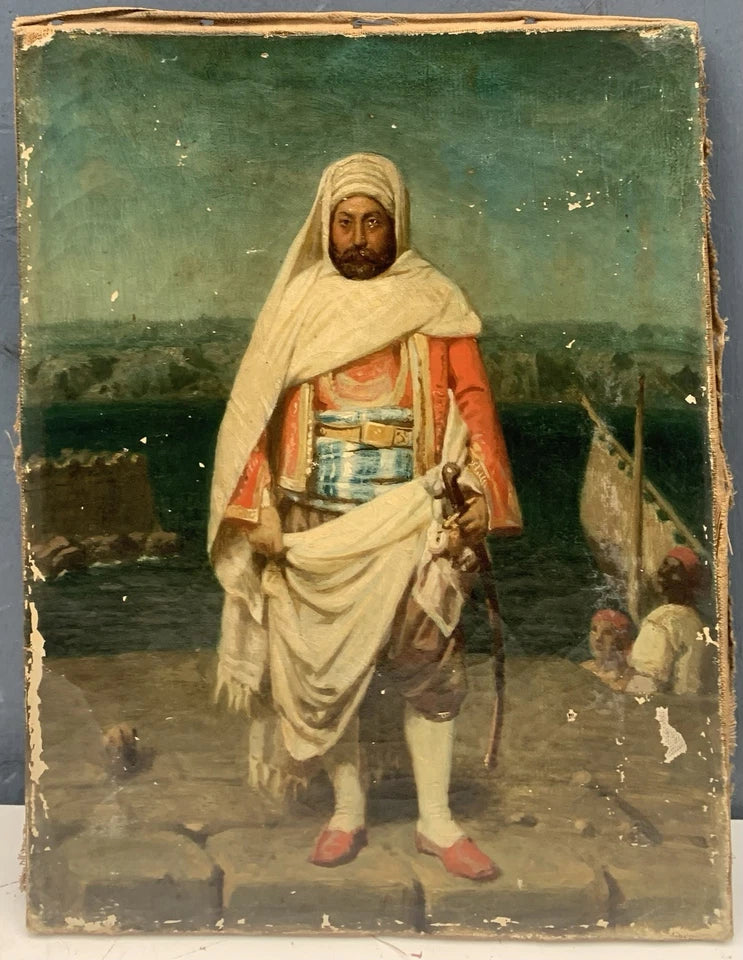 Tableau Ancien Huile Portrait Guerrier Arabe Paysage Orientaliste XIXe Nanteuil