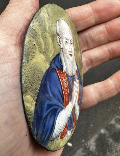 Ancien Émail de Limoges Portrait Saint Homme Religieux 17ème