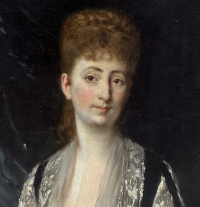 Tableau Ancien Signé « MANET » Portrait Femme Fleur Rose Édouard Peinture 19ème