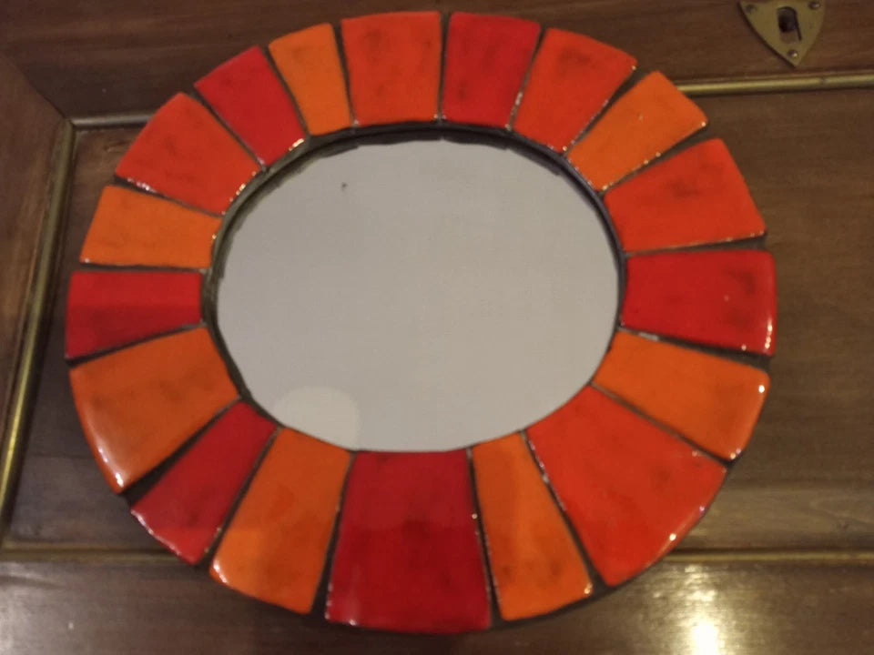 Ancien Miroir Vintage Céramique Orange et Rouge
