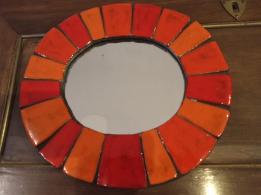 Ancien Miroir Vintage Céramique Orange et Rouge