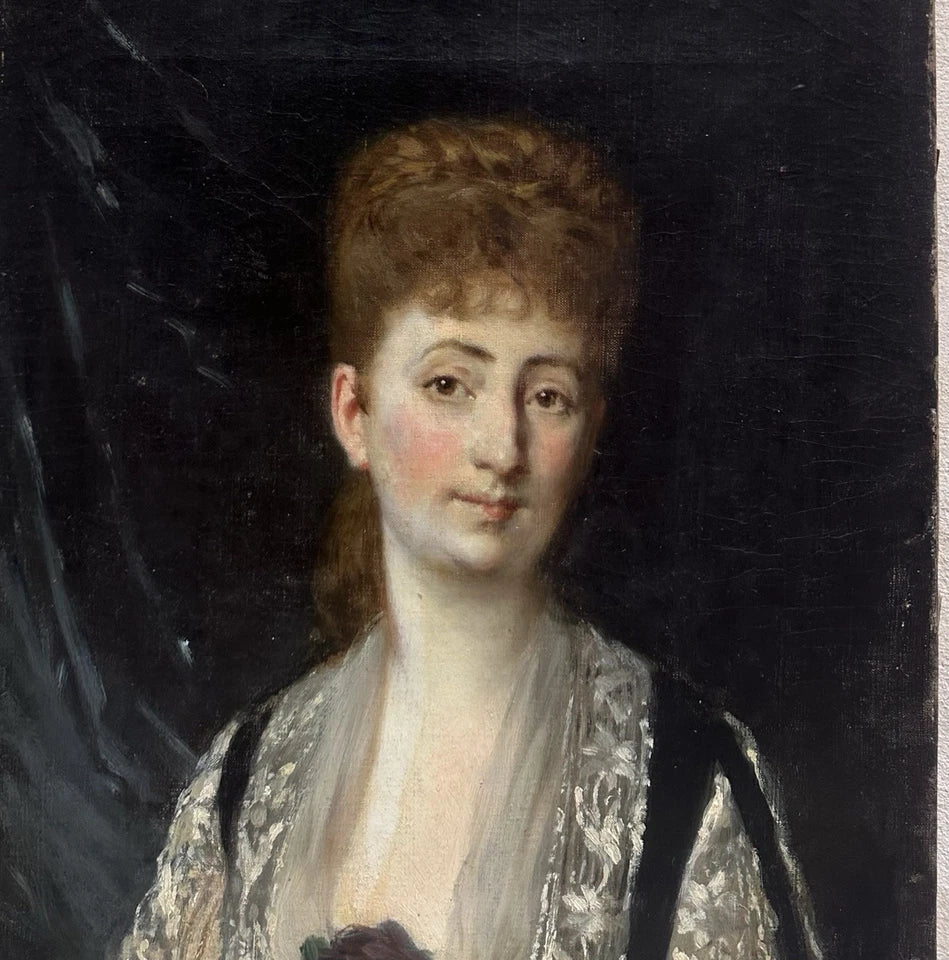 Tableau Ancien Signé « MANET » Portrait Femme Fleur Rose Édouard Peinture 19ème