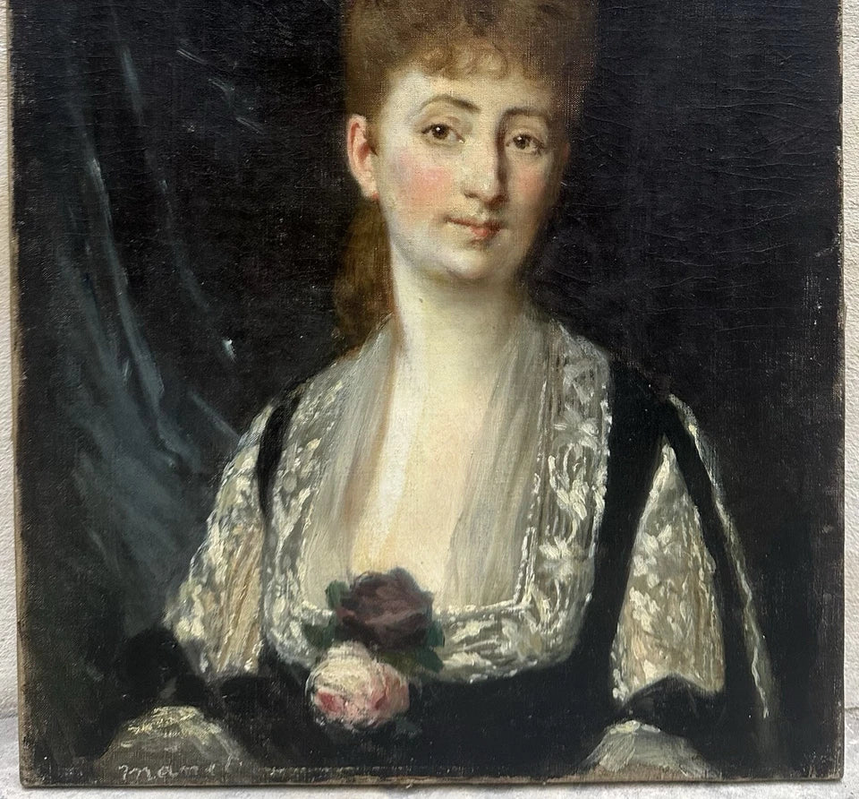 Tableau Ancien Signé « MANET » Portrait Femme Fleur Rose Édouard Peinture 19ème