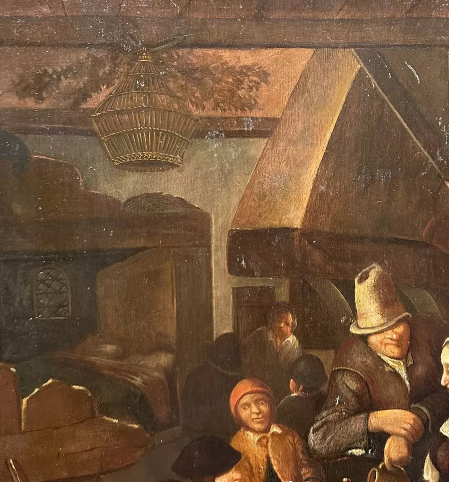 Tableau Ancien Flamand 17ème Scène de Taverne Auberge Peinture Cachet Cire Russe