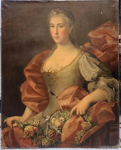 Grand Tableau Ancien Huile Portrait Femme Élégante Fleurs XVIIIe