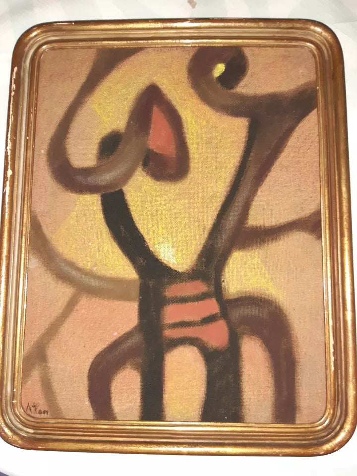 Ancien Petit Tableau Abstrait Signé Huile Sur Isorel