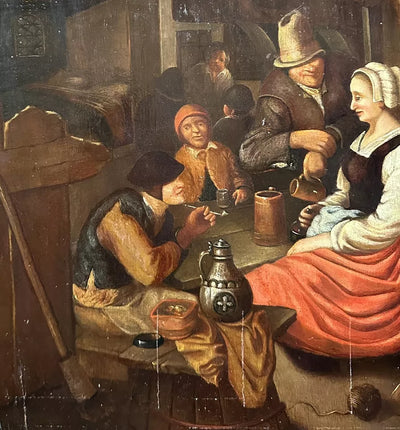 Tableau Ancien Flamand 17ème Scène de Taverne Auberge Peinture Cachet Cire Russe