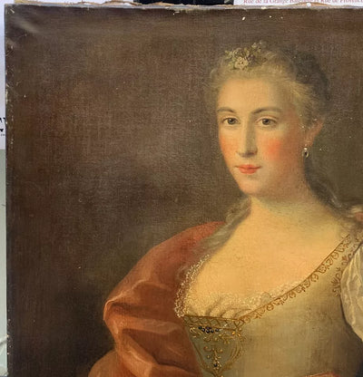 Grand Tableau Ancien Huile Portrait Femme Élégante Fleurs XVIIIe