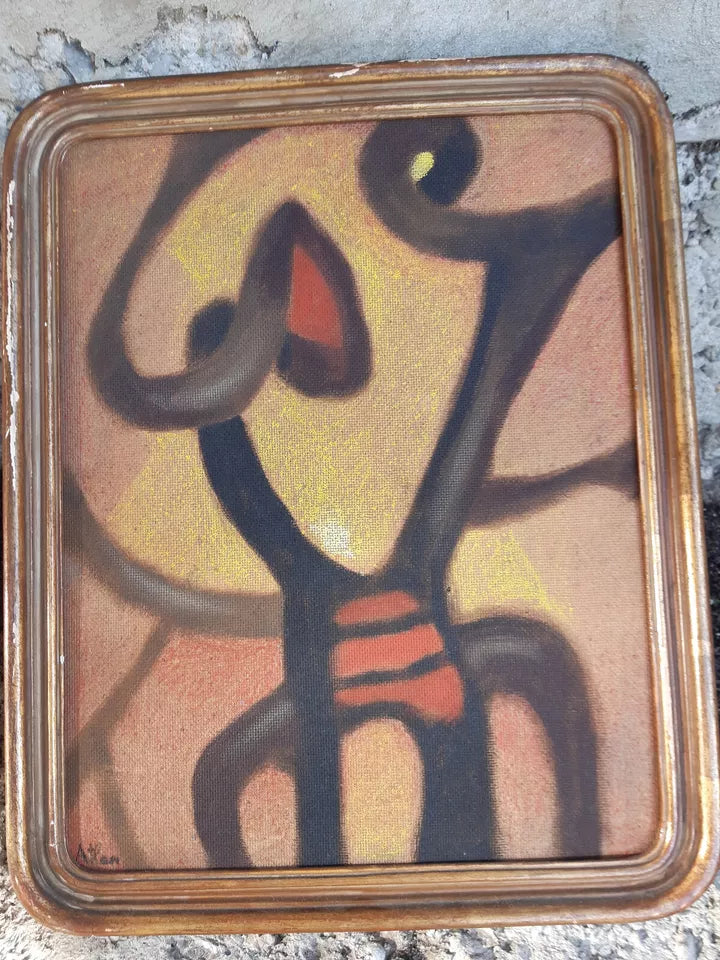 Ancien Petit Tableau Abstrait Signé Huile Sur Isorel