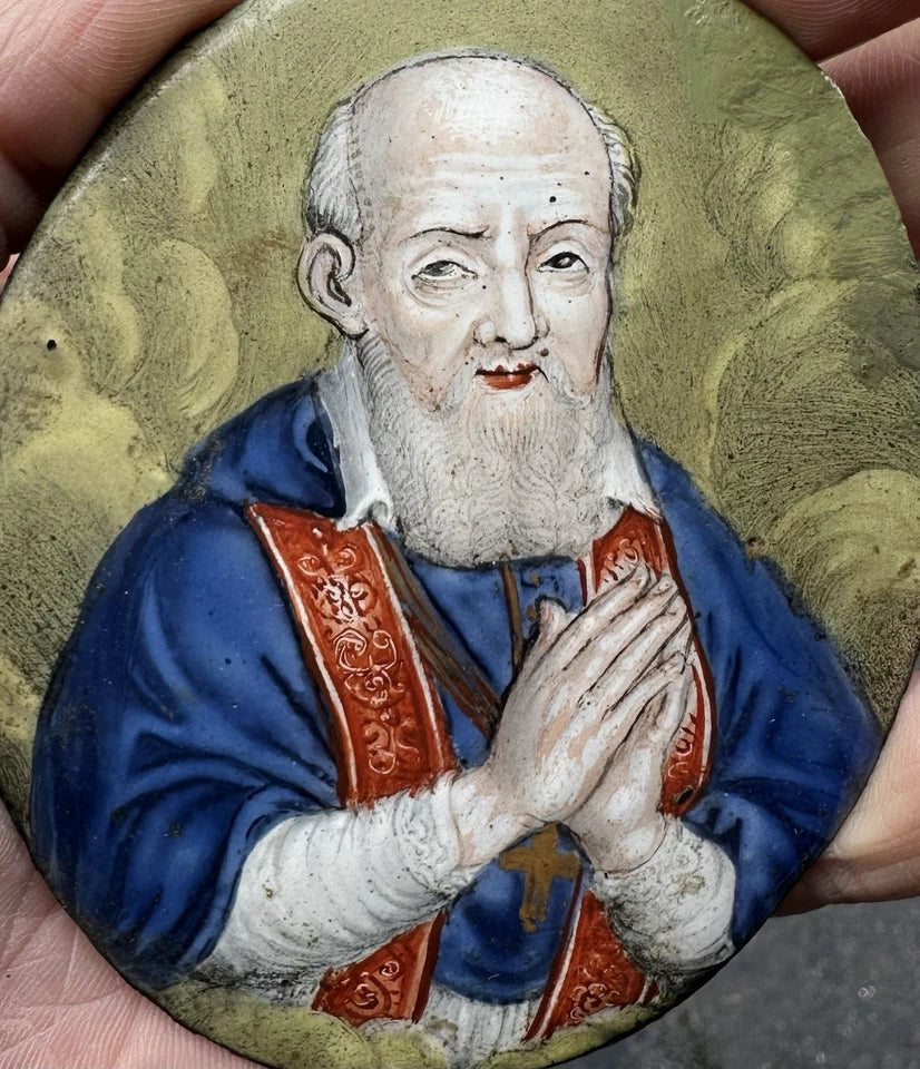 Ancien Émail de Limoges Portrait Saint Homme Religieux 17ème