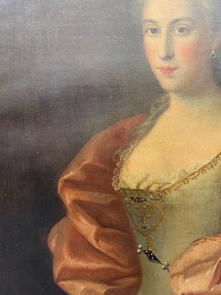 Grand Tableau Ancien Huile Portrait Femme Élégante Fleurs XVIIIe