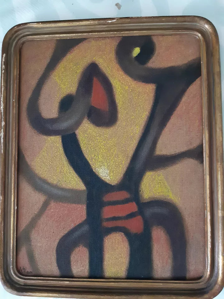 Ancien Petit Tableau Abstrait Signé Huile Sur Isorel