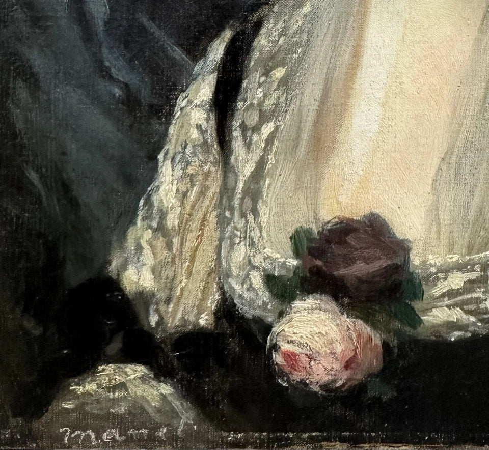 Tableau Ancien Signé « MANET » Portrait Femme Fleur Rose Édouard Peinture 19ème