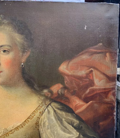 Grand Tableau Ancien Huile Portrait Femme Élégante Fleurs XVIIIe