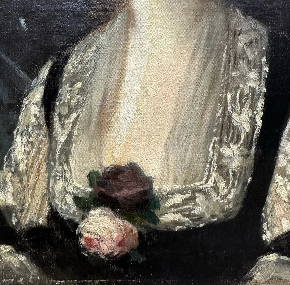 Tableau Ancien Signé « MANET » Portrait Femme Fleur Rose Édouard Peinture 19ème